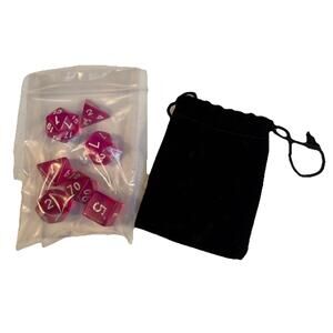 New 7 Piece Polyhedral translucent Pink W/ White Number Dice Set & Bag /  D&D